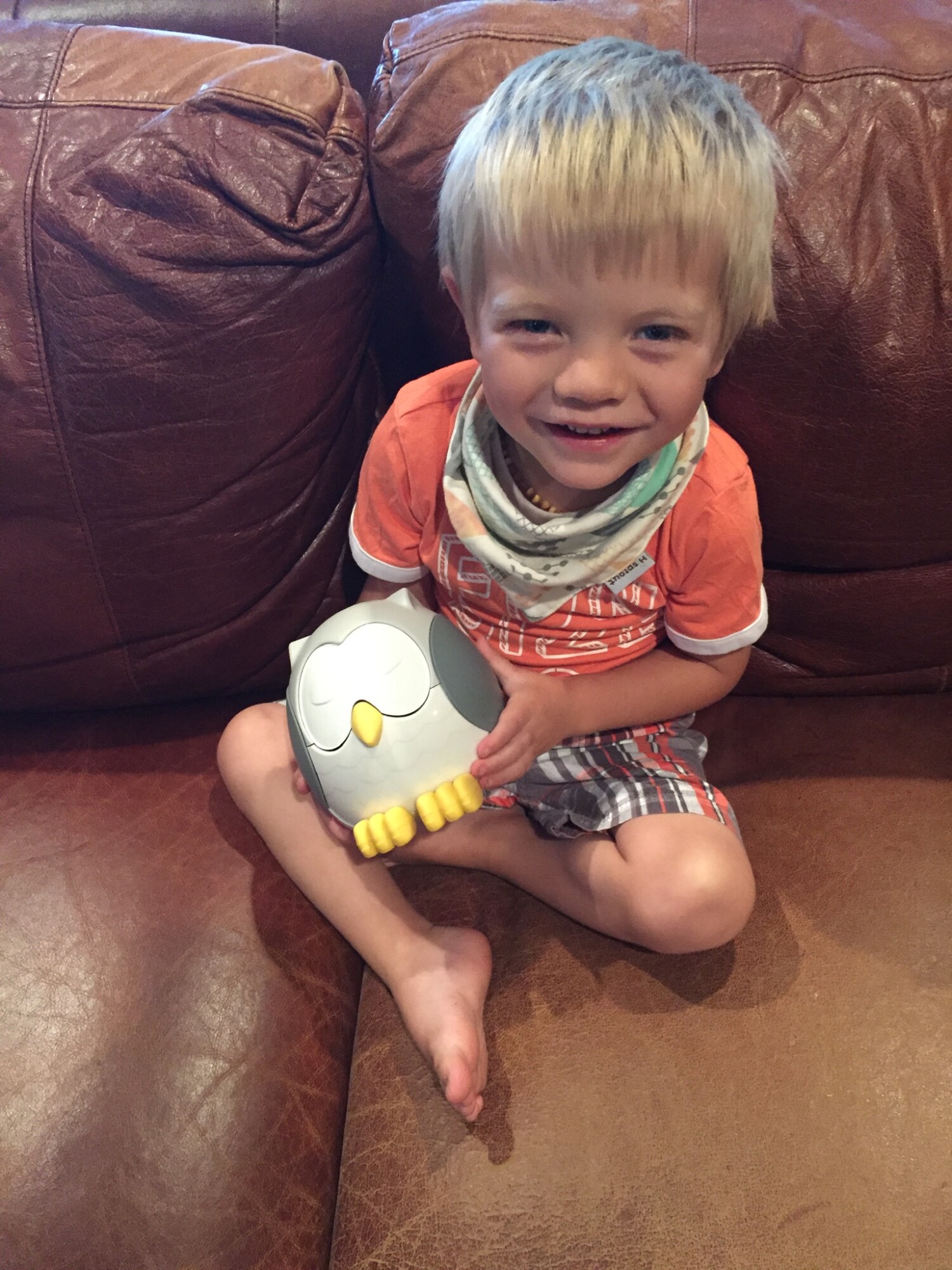 Jerome, our oldest, with our first Feather the owl diffuser in 2019! 