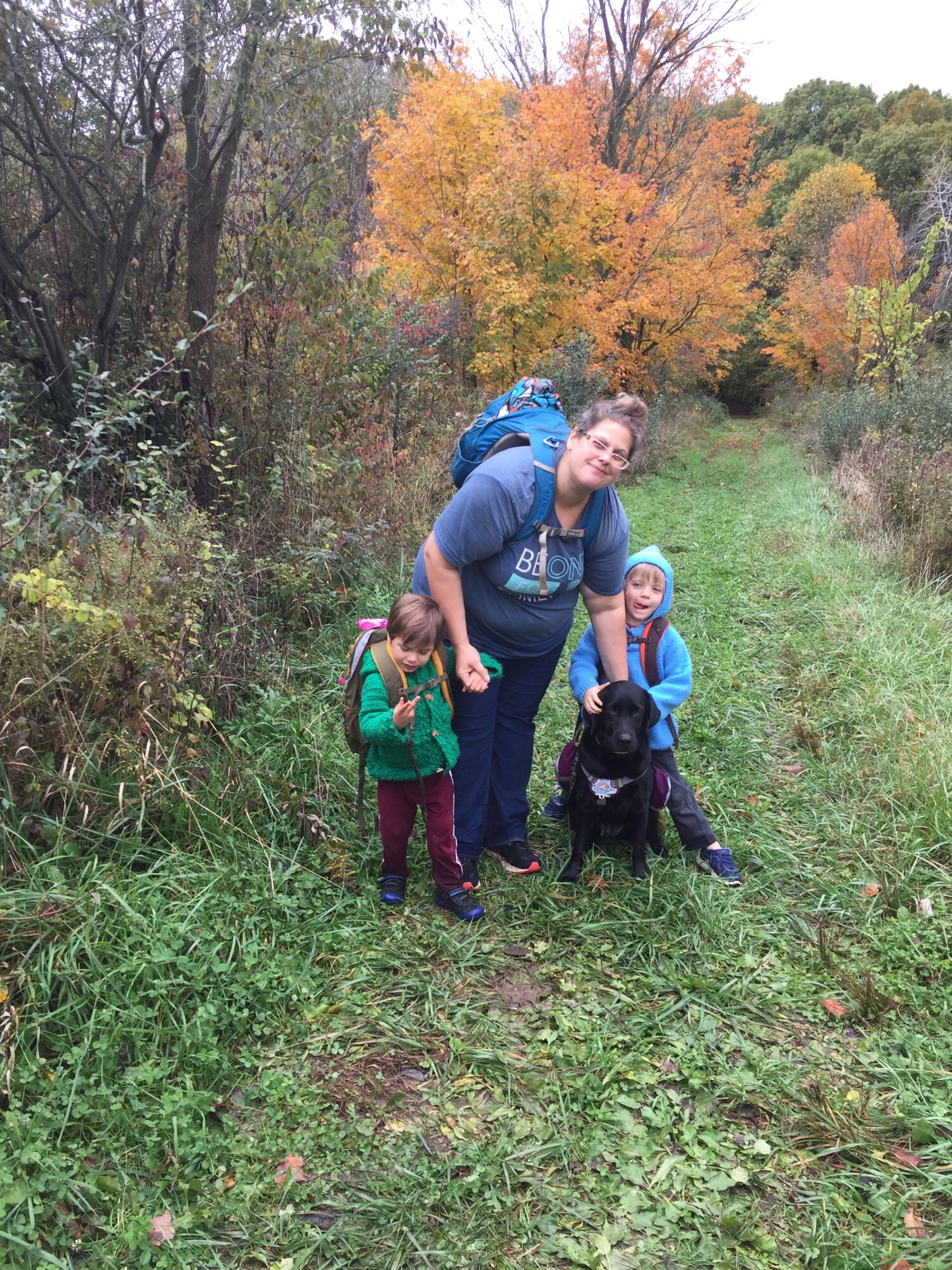 Me on Thursday, enjoying fall hiking with our sons, plus our English Lab Daisy!