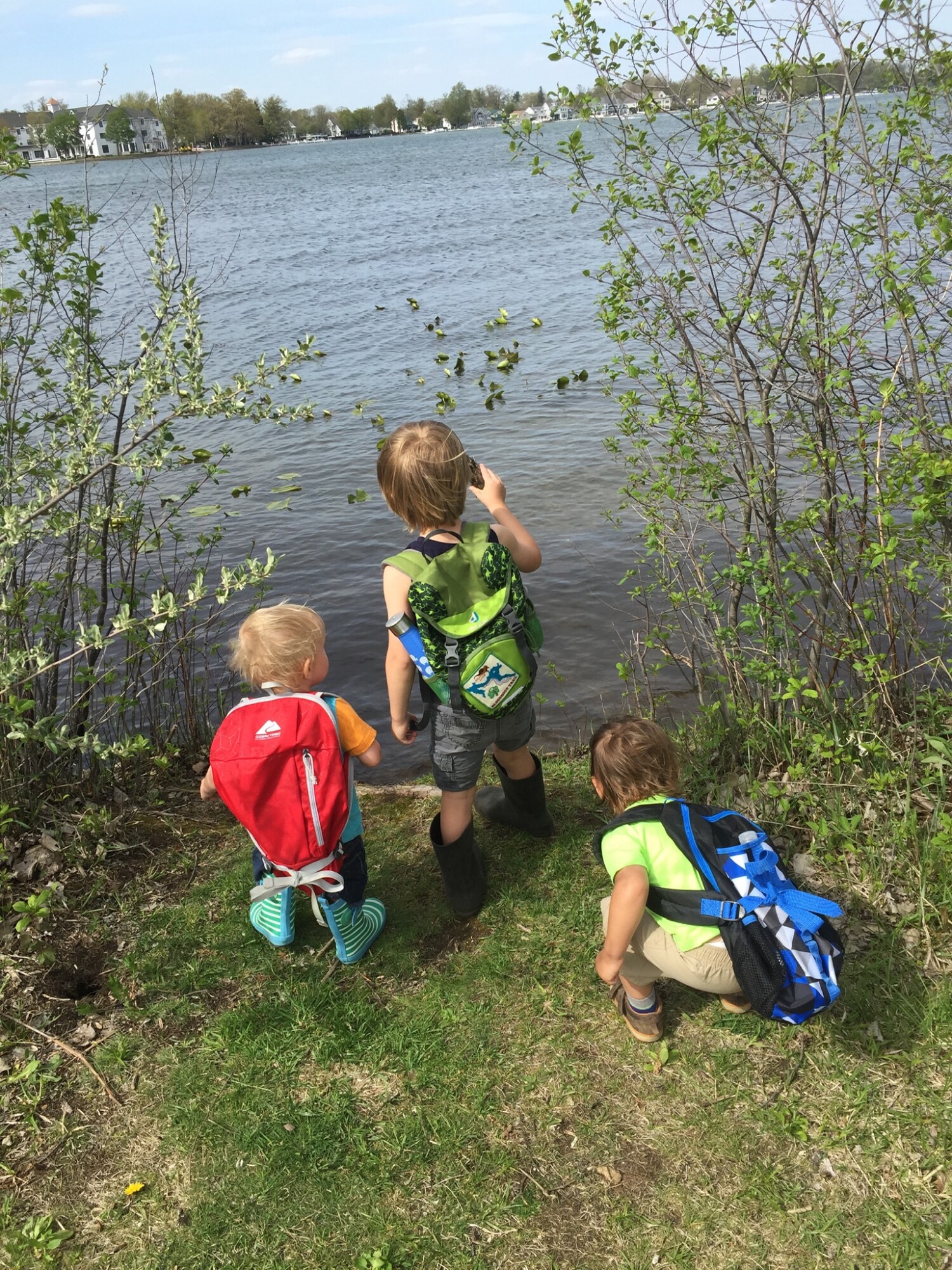 Our hiking crew exploring the largest natural lake in Indiana, Lake Wawasee.