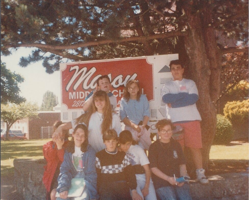 My group of Junior High friends  - I am front left in the blue coat