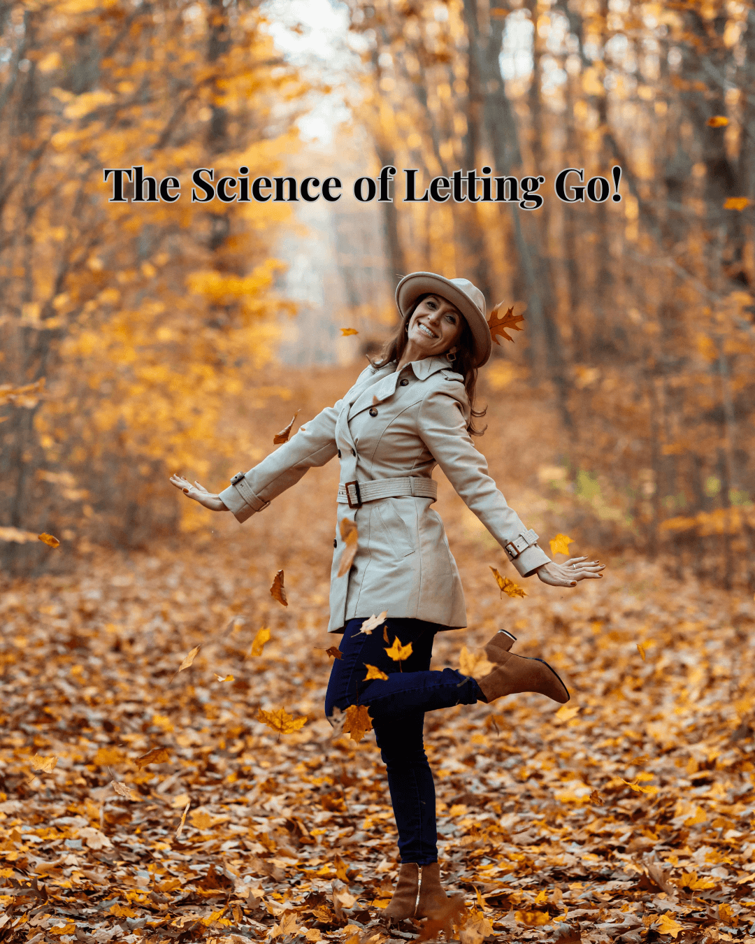  Woman outdoors with fall leaves looking happy