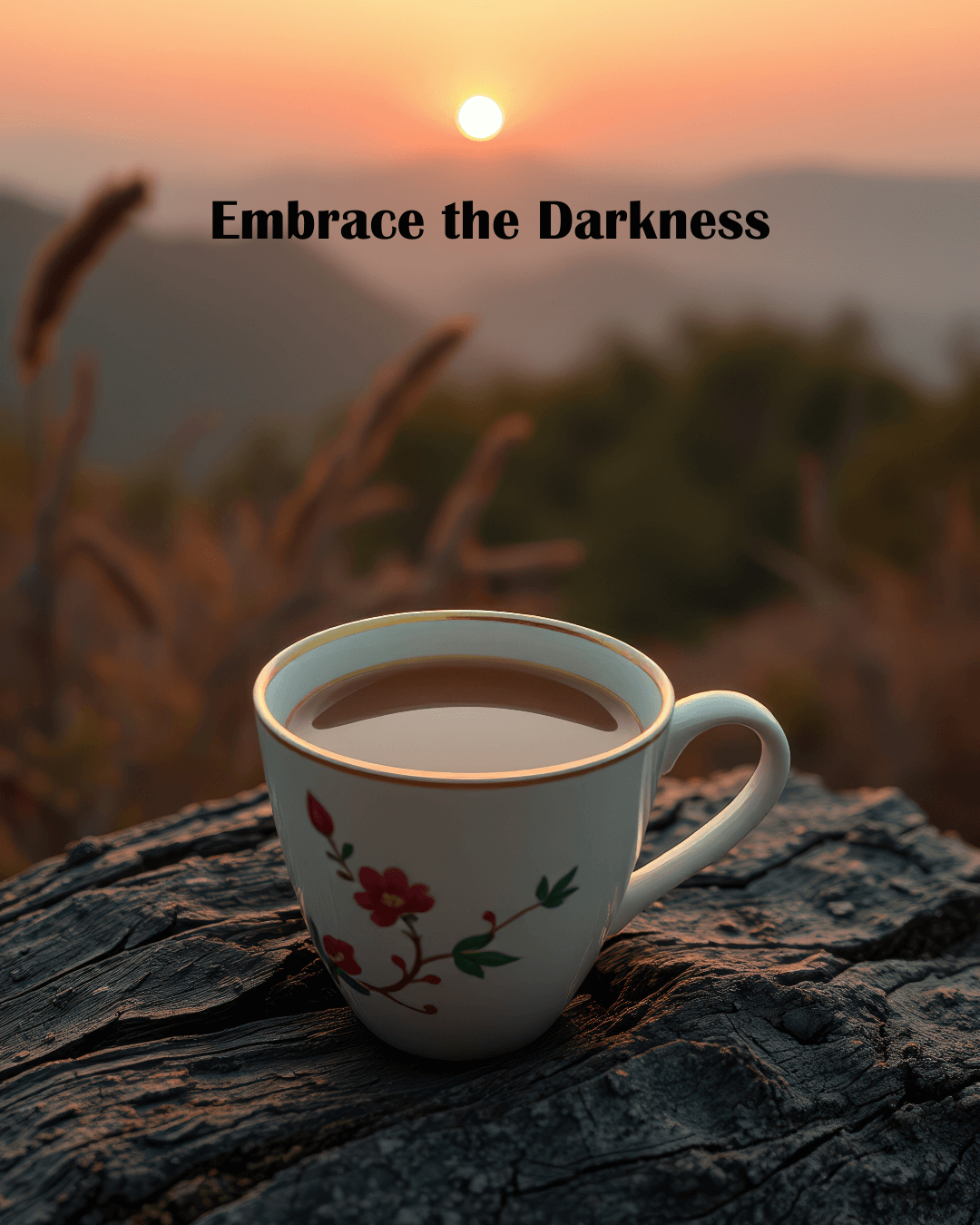  Image of a cup of hot tea at sunset