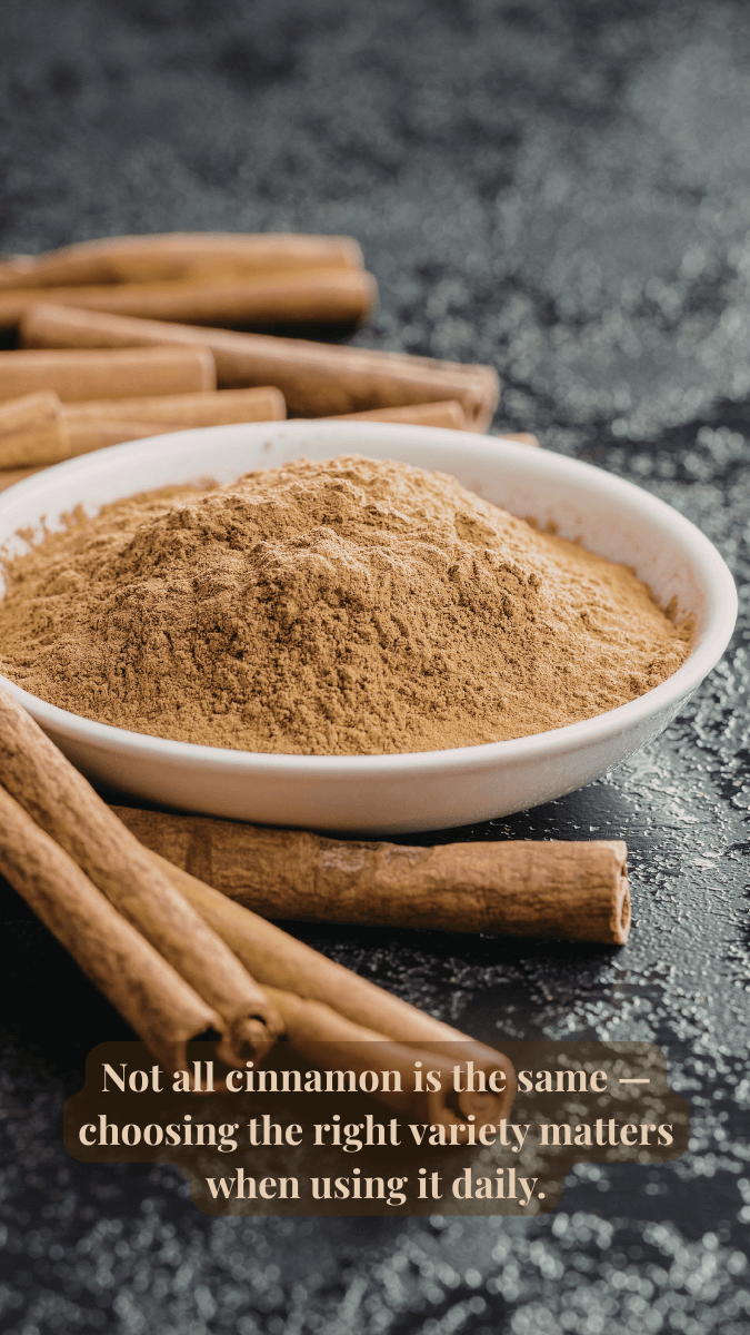  Bowl of ground cinnamon with cinnamon sticks on a kitchen surface, representing daily wellness use.