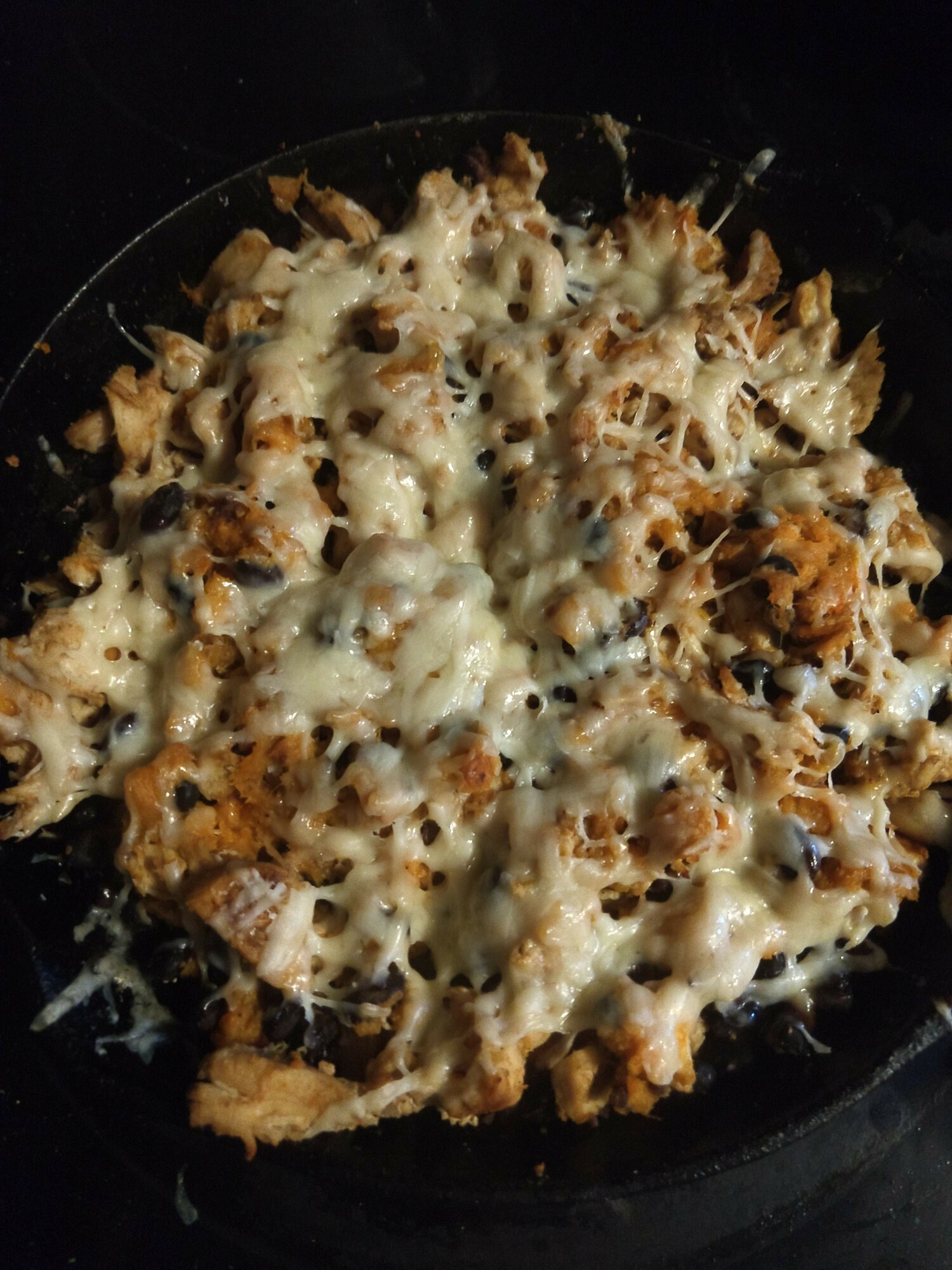 Cast Iron Skillet with Chicken, Black Beans, Sweet Potatoes and Cheese