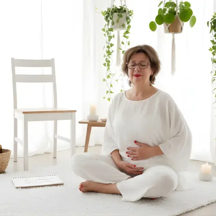 "Pascale in somatische yoga-pose voor tandarts-stress-reset op homepagina."
