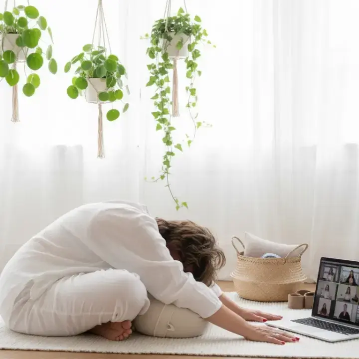 "Pascale leidt online groepslessen yoga in The Sacred Hour op homepagina"