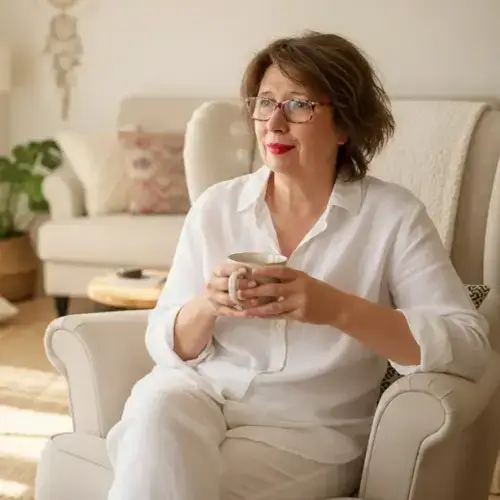 "Pascale als tandarts-vertrouwenspersoon in yoga-portret voor ontspanning"