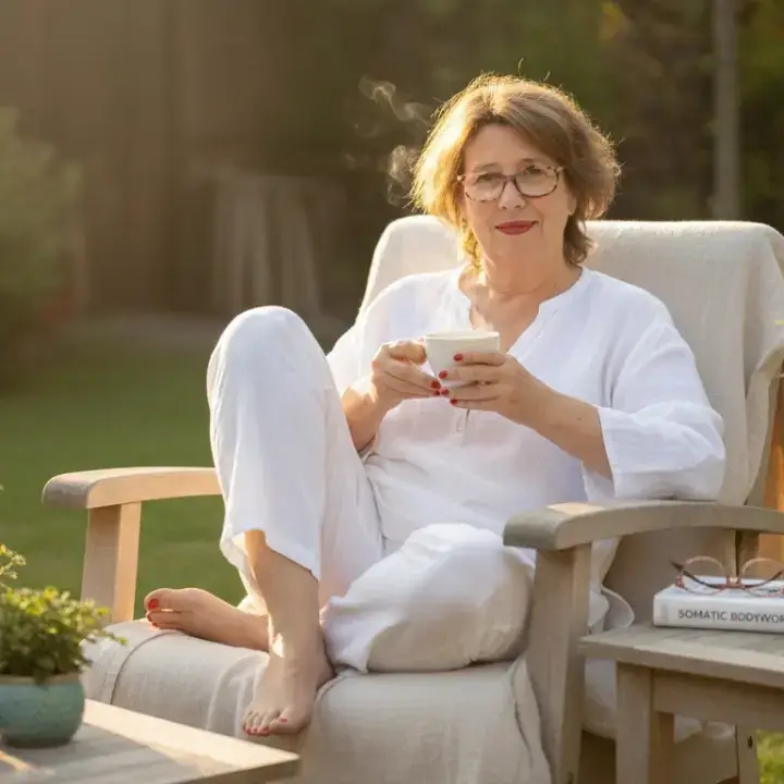 "Pascale als tandarts-vertrouwenspersoon in tuin met thee en somatic book"