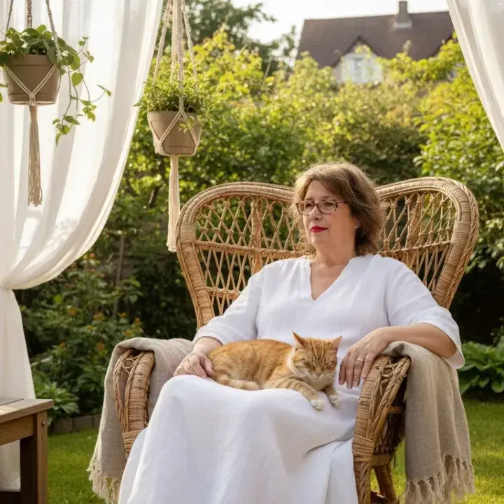 "Pascale, vertrouwenspersoon tandartspraktijk, ontspant in de tuin met kat op schoot."