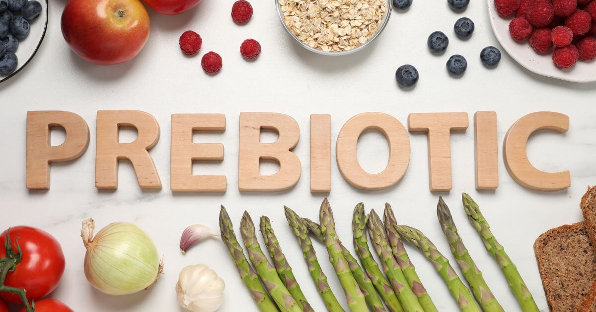 Fresh fruits and vegetables rich in prebiotics for a healthy gut.