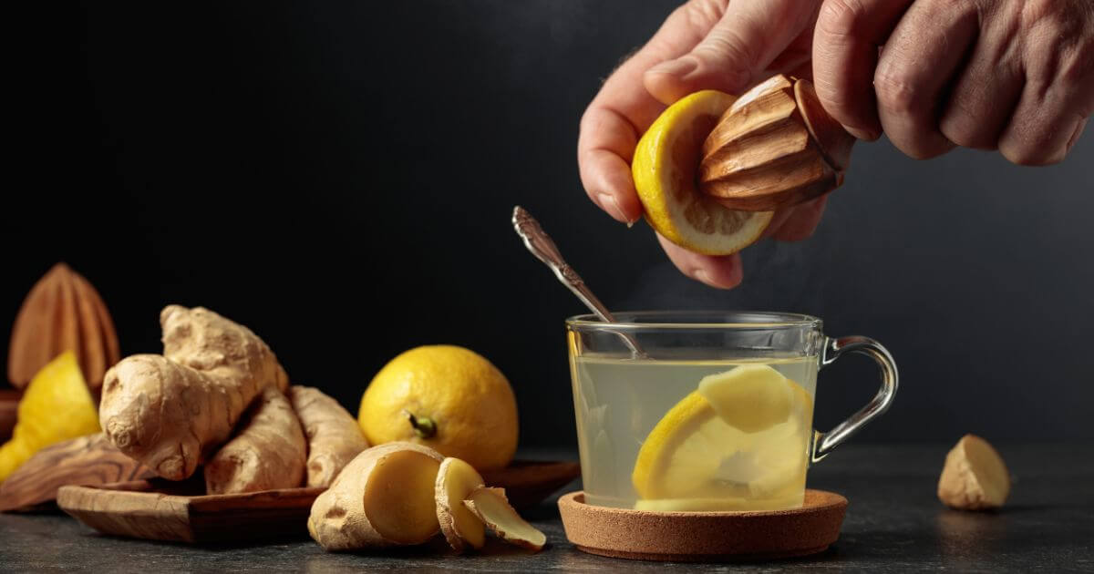 Mug of soothing ginger tea with lemon