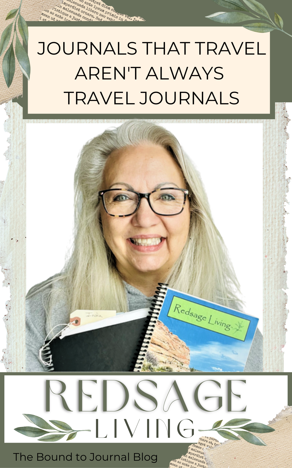 Lisa, Bound to Journal, holding one of her journals that travels with her and a travel journal from a trip to India..
