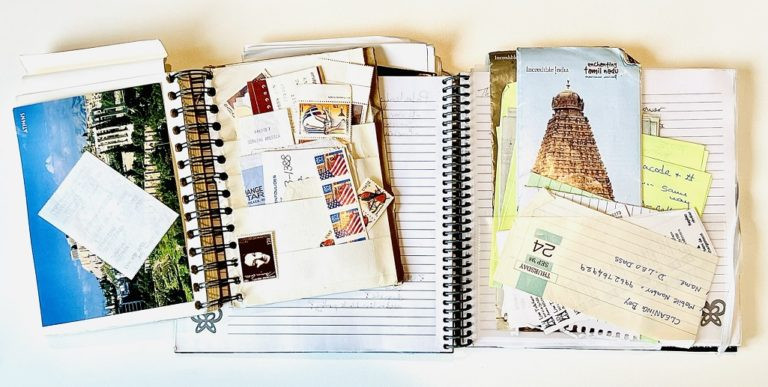 Travel Journal examples of pre-trip created folder like pockets for stamps, receipts, addresses, important notes, and other ephemera to help you stay organized.  This type of preparation helps your journal be a travel resource. 