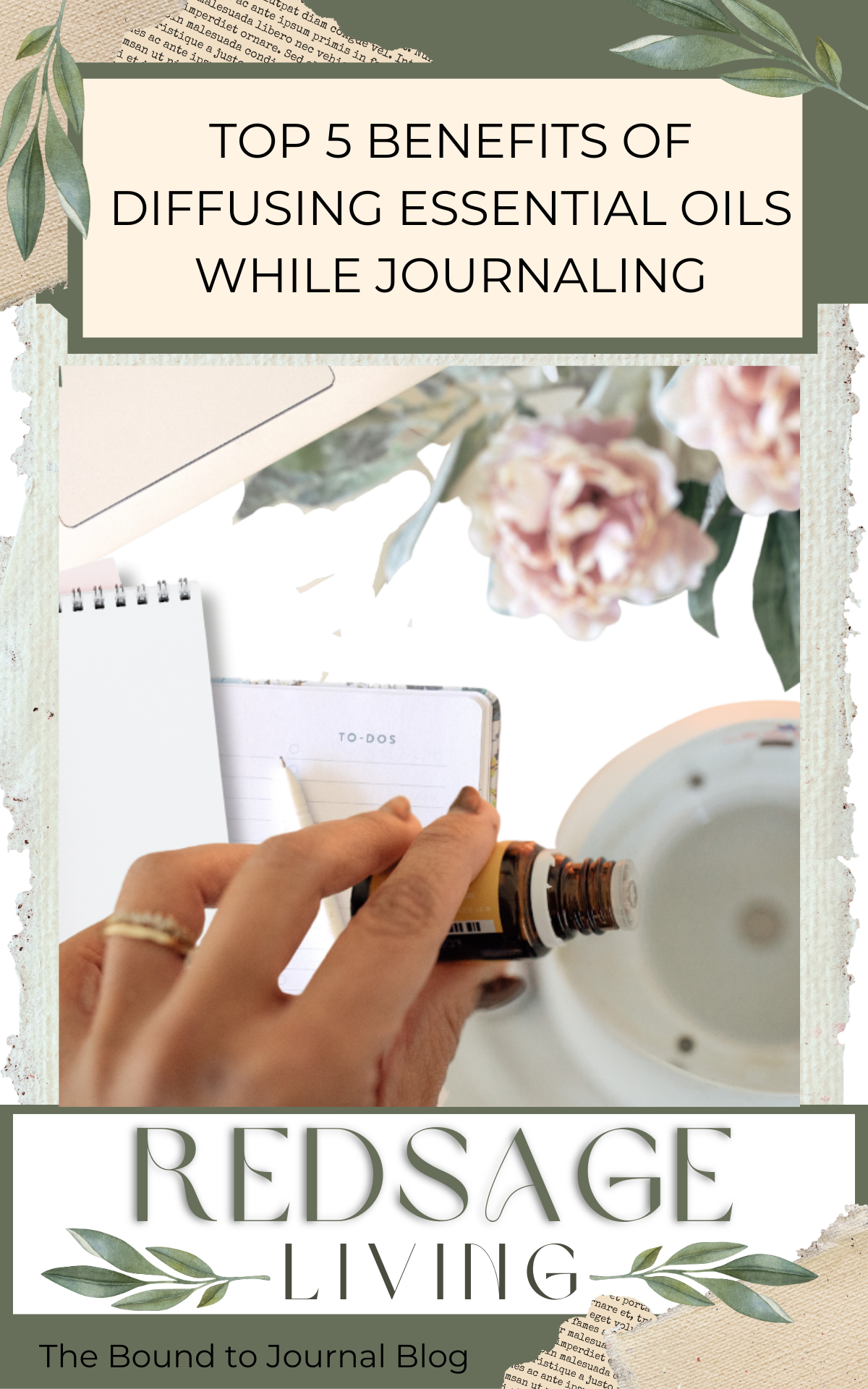 hand dropping essential oils in diffuser, journals, pens, and peonies