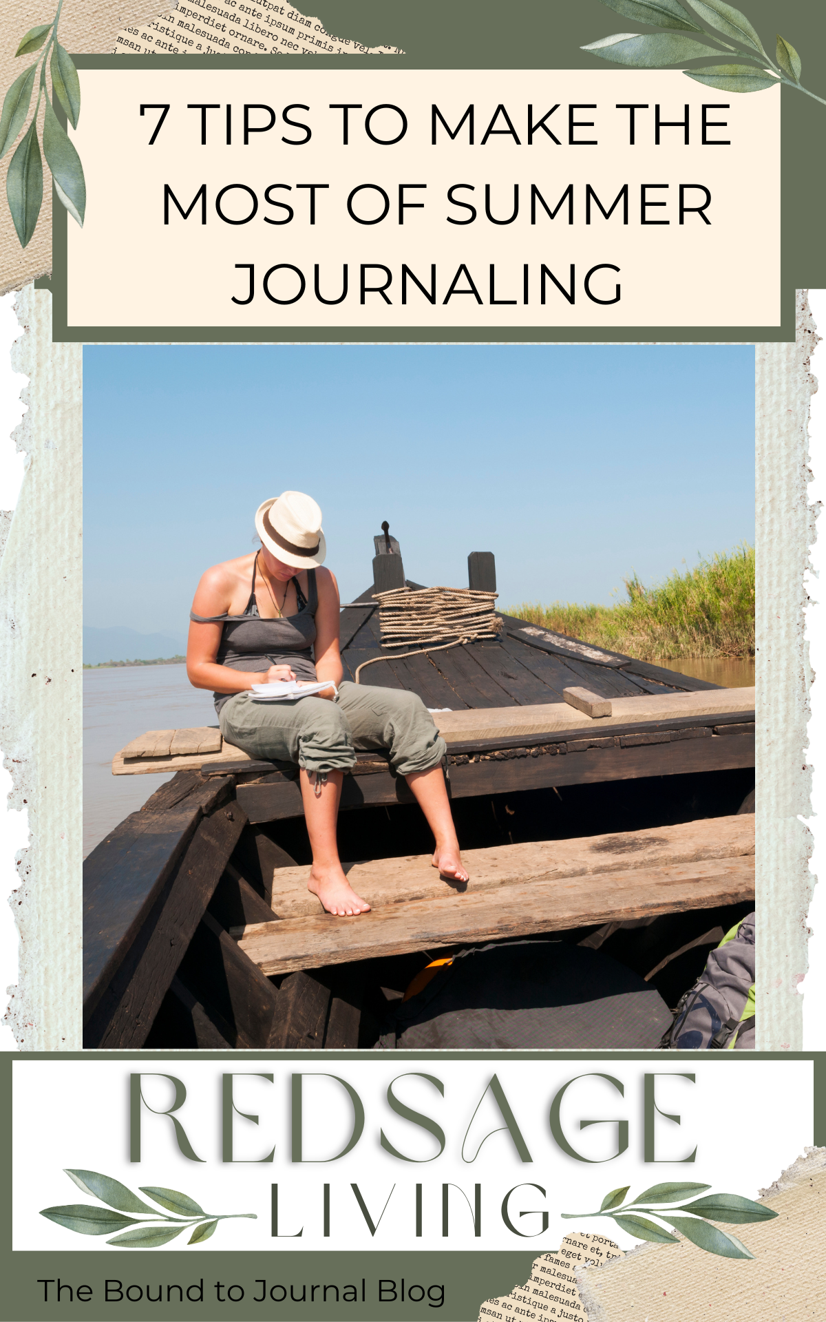 woman in boat journaling in warm weather with title of article 7 Tips to make the most of summer journaling feature design