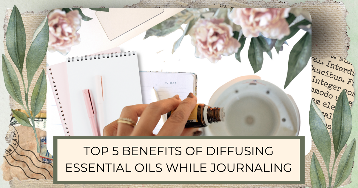 Hand dropping Young Living essential oil into a diffuser with journals, pens, and peonies in background