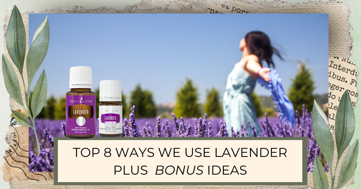 Woman in lavender field with Young Living Lavender essential oil and vitality oil bottles