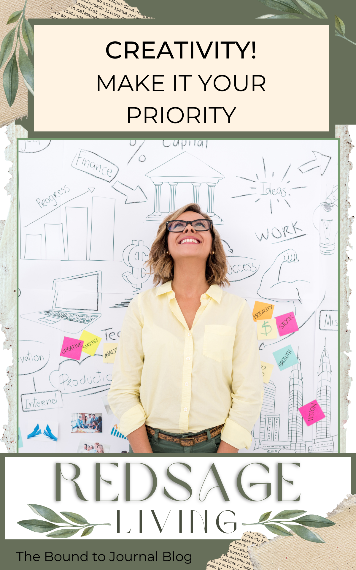 woman with smile looking up white board behind her filled with drawings of possibilities small Vertical image