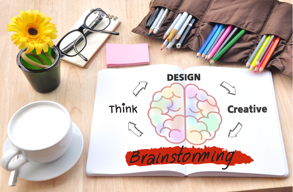 Brainstorming diagram with a brain drawn in the middle and arrows from think to design, to creative coffee cup, glasses, colored pencils