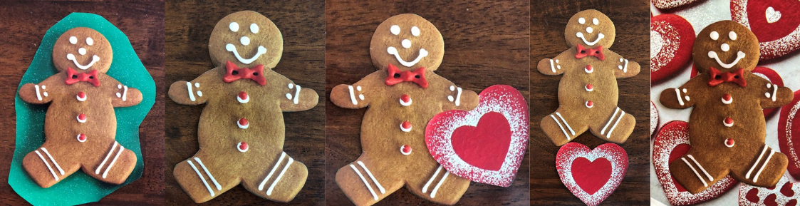 Five examples of a gingerbread magazine cutout in different stages of collage designing