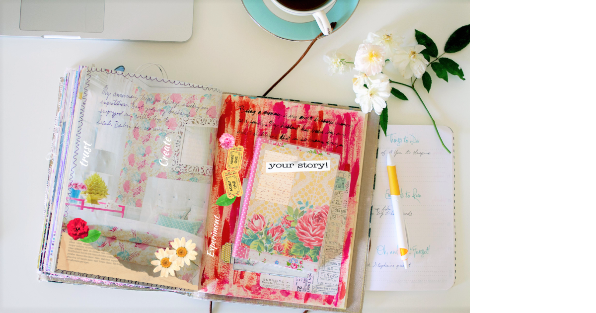 Journal pages with collage of images, words, and ephemera on table with flower and coffee cup