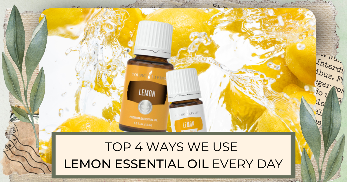 Image with lemons and lemon oil bottles Top 4 Ways we use lemon essential oil every day horizontal image