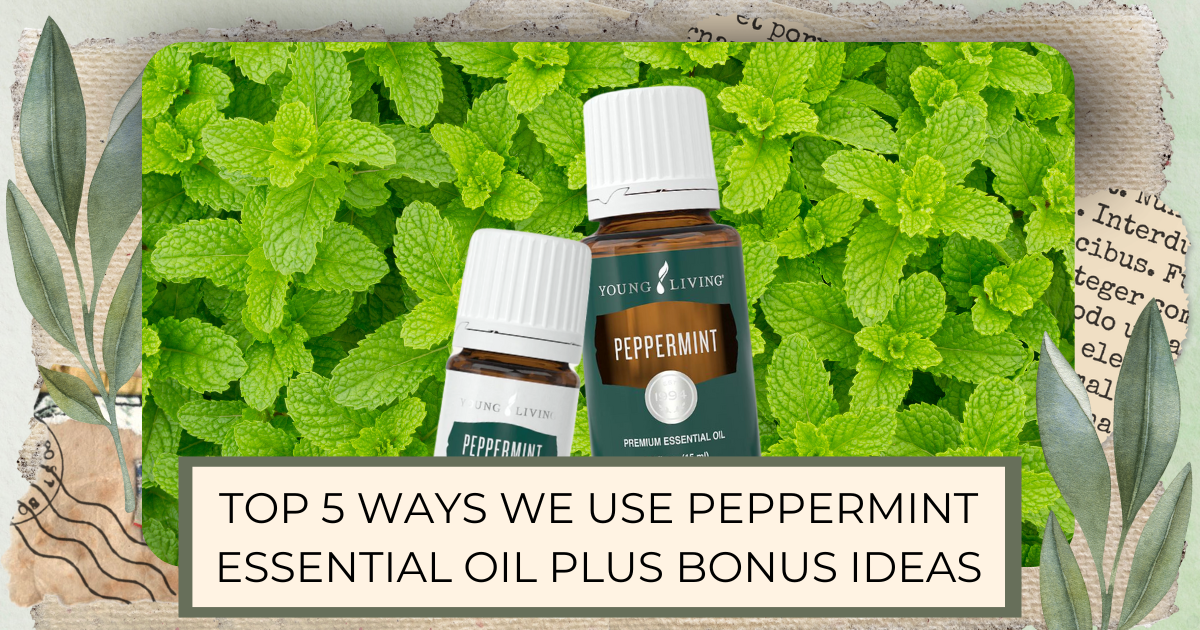 Young Living pepperming and peppermint vitality oils on top of peppermint leaves Top 5 ways we use peppermint essential oils