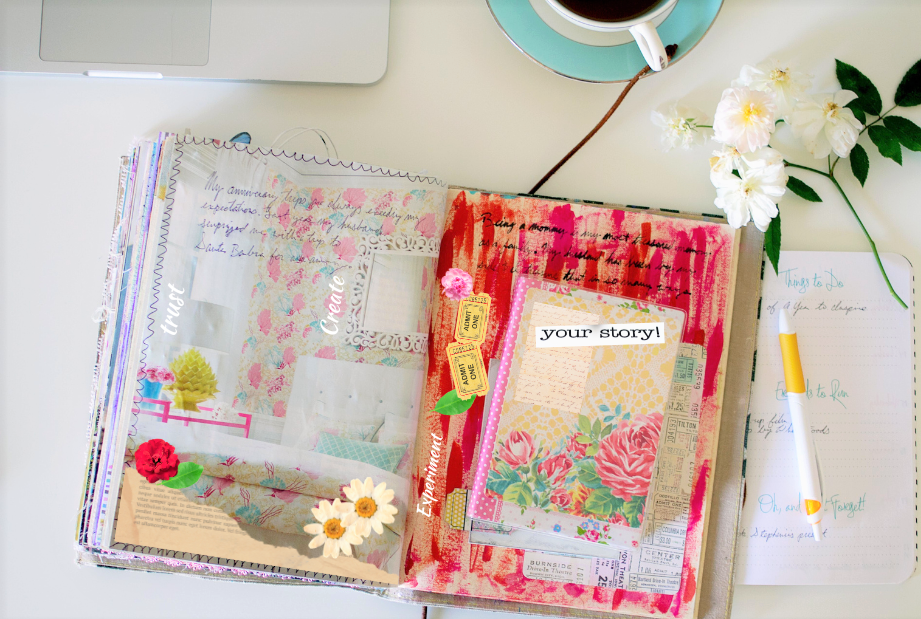 journal open with colorful images, collaged items, words, tickets and fun stuff, a flower stem, pen, cup of coffee