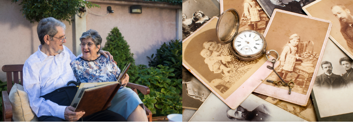 older couple looking through a scrapbook journal and old photos for triggering memories