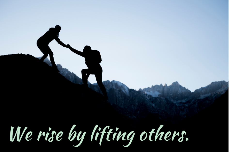 image of a person reaching out a hand to help another up a hill labeled We rise by lifting others for post about your impact vs goals