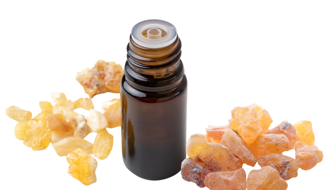Bottle of frankincense essential oil next to frankincense resin for post titledTop 3 Ways We Use Frankincense Essential Oil PLUS Bonus ideas!