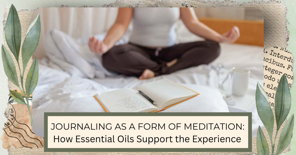 person sitting on a bed in meditation pose with journal on the pillow in front image for post Journaling as a form of meditation: How essentail oils support the experience