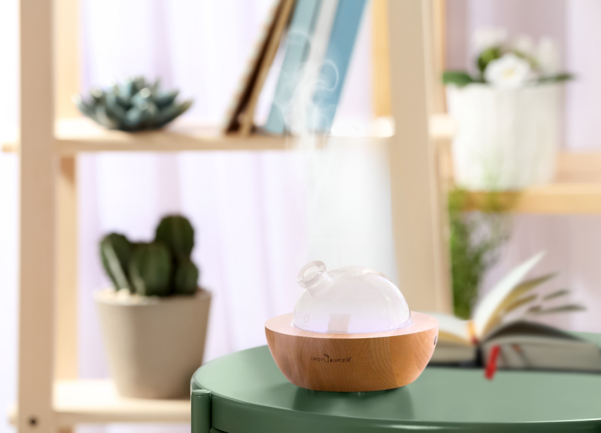 Young Living Aria diffuser on table with open journal and open bookcase with journals and plants in the background for blog post Try This Simple Sensory Cue to Recall Vivid Memories!