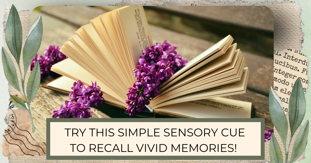 Lilac blossoms laying around and on an open journal for blog post Try This Simple Sensory Cue to Recall Vivid Memories!  horizontal