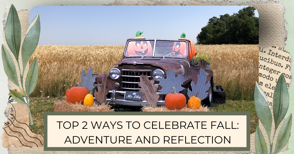 Old car with two pumpking characters riding, pumpkins, haybails, and corn field image for post Top 2 Ways to Celebrate Fall: Adventure and Reflection horizontal