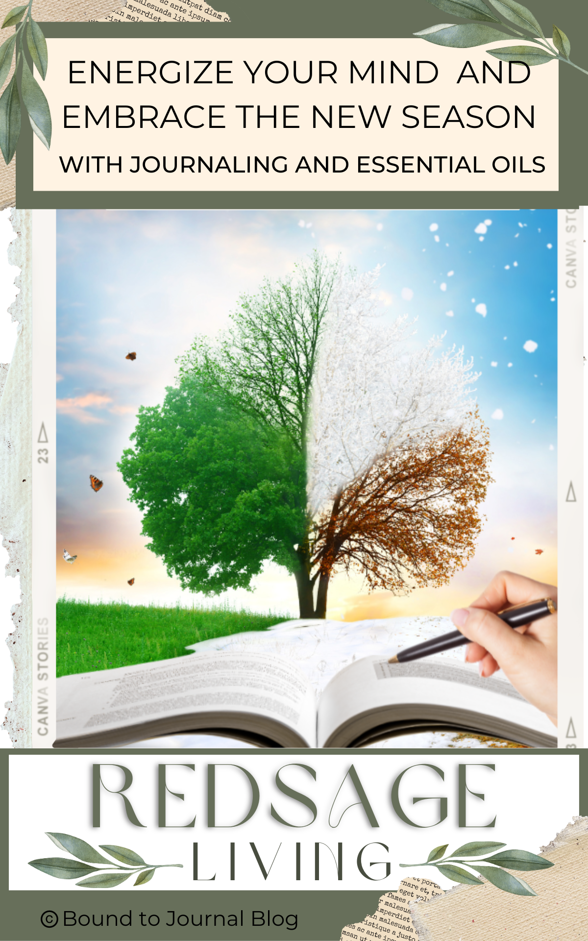 Tree changing seasons, journal open and hand writing in the journal for post titled Energize Your Mind and Embrace the New Season with Journaling and Essential Oils