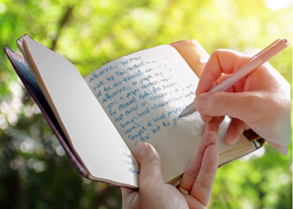 holding a journal while writing in it with nature in the background for post titled  Journal Prompts to Unlock Creativity, Clarity, and Focus!