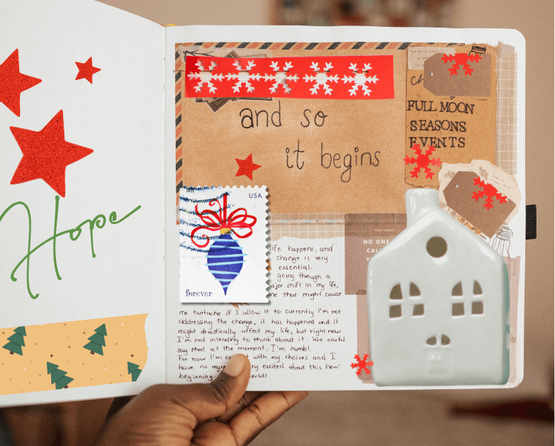 Open journal with collaged christmas items like stamps, washi tape, calligraphy words, stamped words, handwriting, and collaged images for post titled5 ideas for Using your Journal to preserve the essence of the season!  