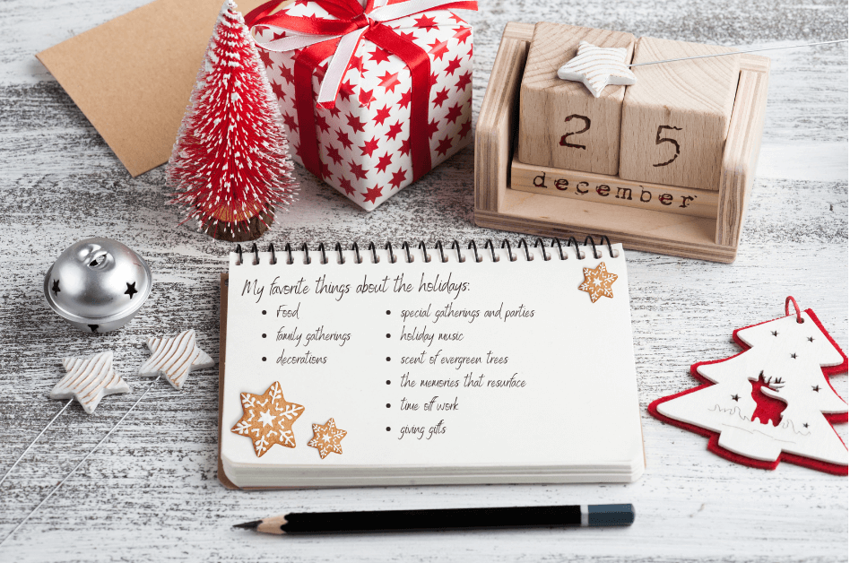 journal page of favorite things about the holidays next to a few ornaments and Dec 25 calendar for post titled 5 ideas for Using your Journal to preserve the essence of the season! 