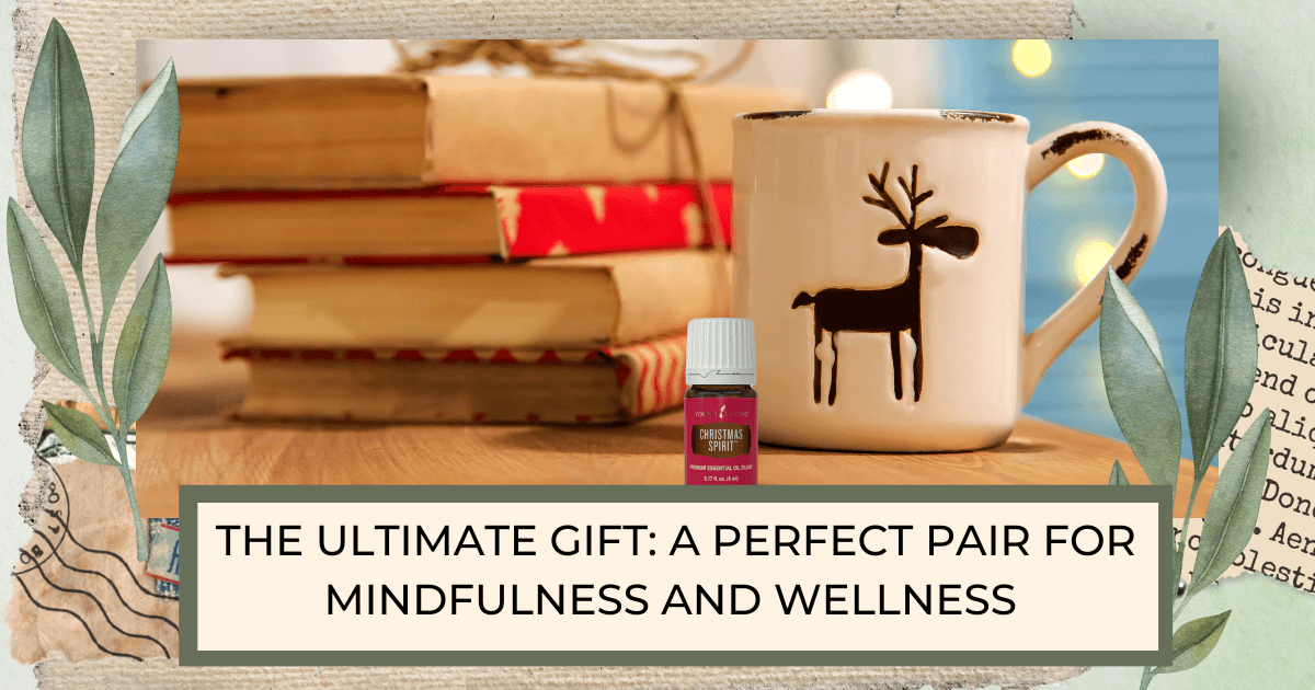 stack of journals covered in brown craft paper and red wrapping paper next to a white mug with  a moose design and a bottle of Christmas Spirit essential oil for a post titled The Ultimate Gift: Journals and Essential Oils - A Perfect Pair for Mindfulness and Wellness