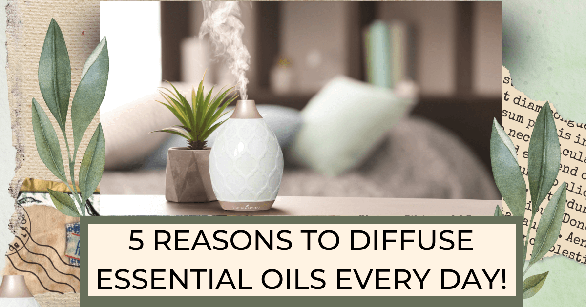 Desert mist diffuser and plant in front of a blurred out bed for post titled 5 Reasons to Diffuse Essential OIls Every Day!