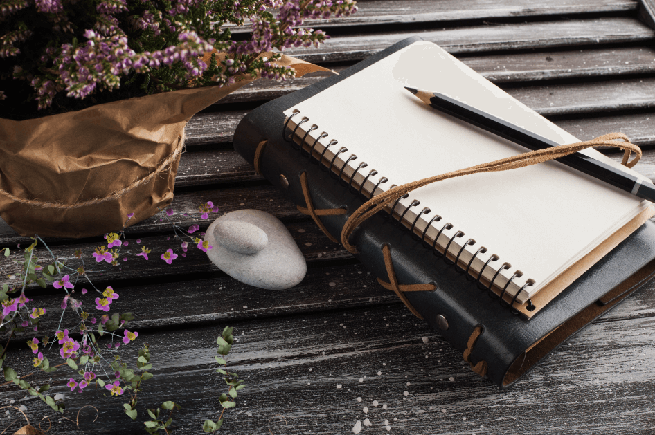 A wire bond journal sitting on top of a leather hand-bound book, a couple of ricks, and a potted plant with small purple flowersfor a post titled4 Types of Journals: Which One Fits Your Style? 