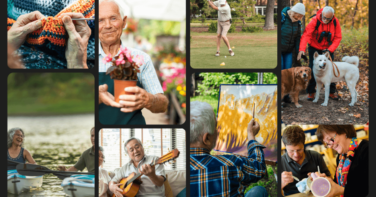 A collage of images of people crocheting, plants, kayaking, playing guitar, painting , golfing, walking dogs, and painting ceramics for new post titled How to Prioritize Self-Care in a Hectic Day