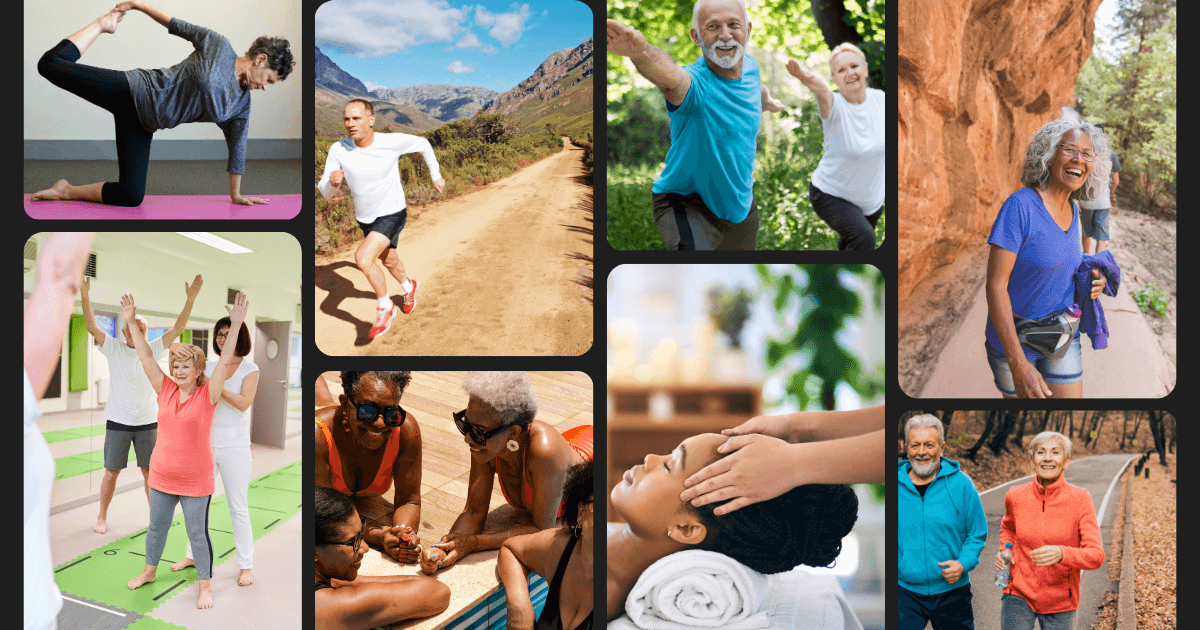 A collage of images of people mainly outdoors doing physical activities and a massage for post titled  How to Prioritize Self-Care in a Hectic Day