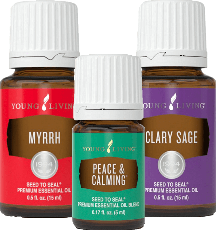 A bottle of Myrrh, Peace & Calming, and Clary Sage essential oils for blog post titled Linen Spray DIY: "You're still the one!"
