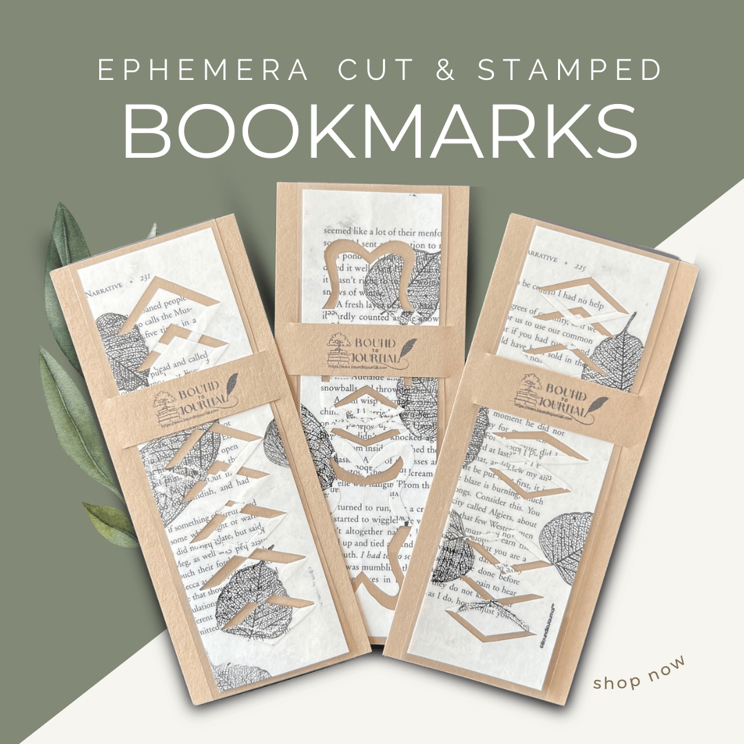 Ephemera cut and stamped book pages for one-of-a-kind book marks  Bound to Journal