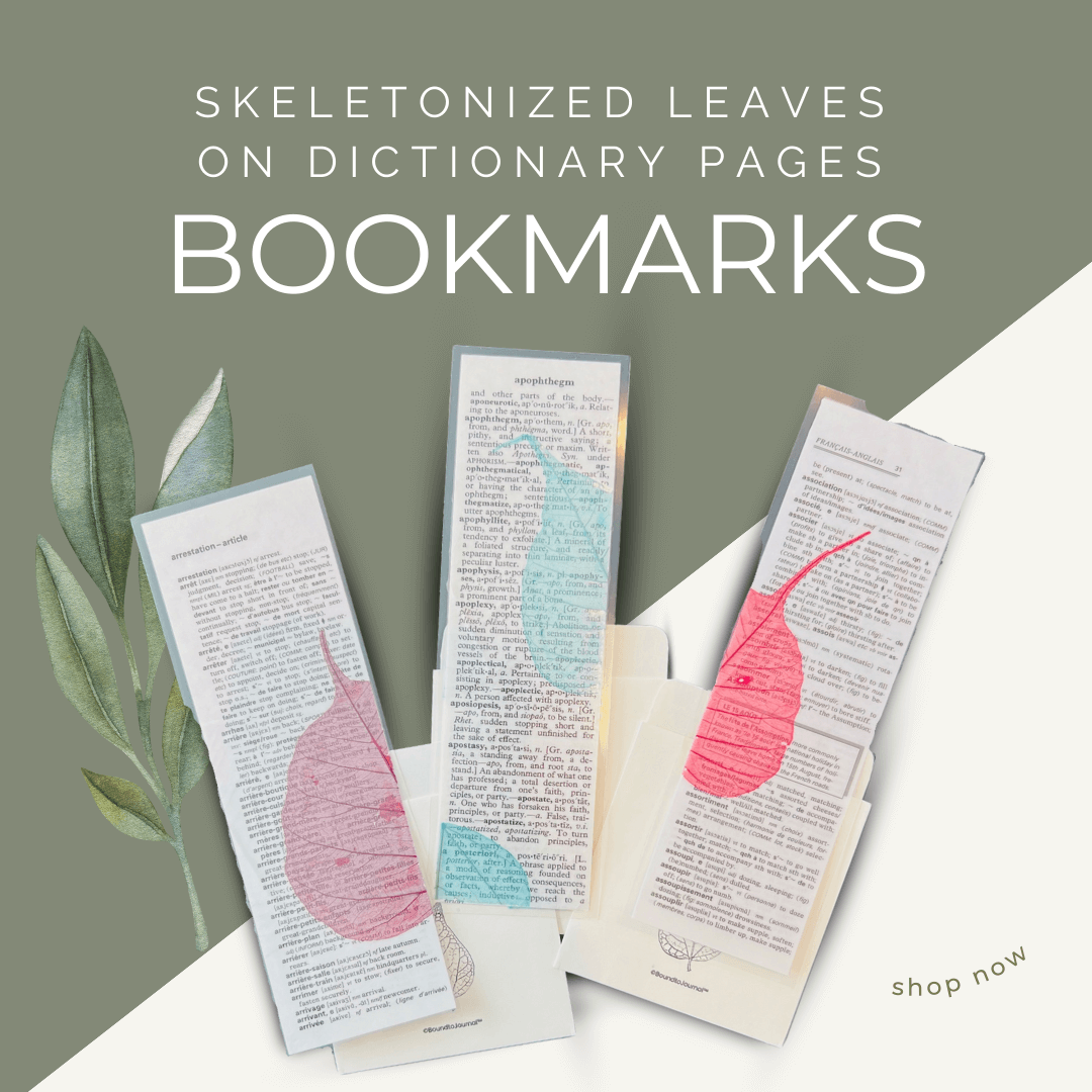 Skeletonized leaves on French and English dictionary pages are laminated and in presented in book card pockets