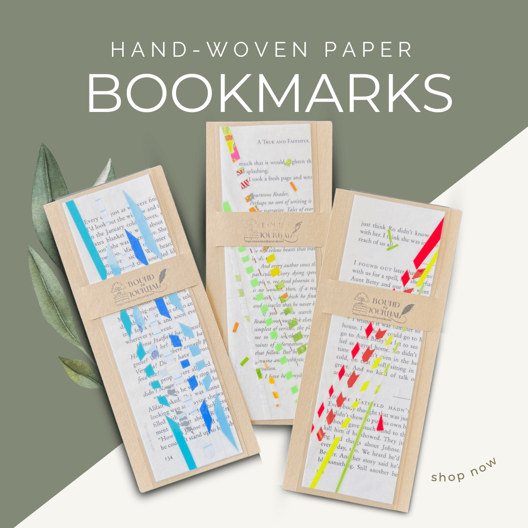 Pages from story books are hand-cut and woven with brightly colored strips cut from rescued childrens' books. These are laminated and make beautiful gifts from Bound to Journal