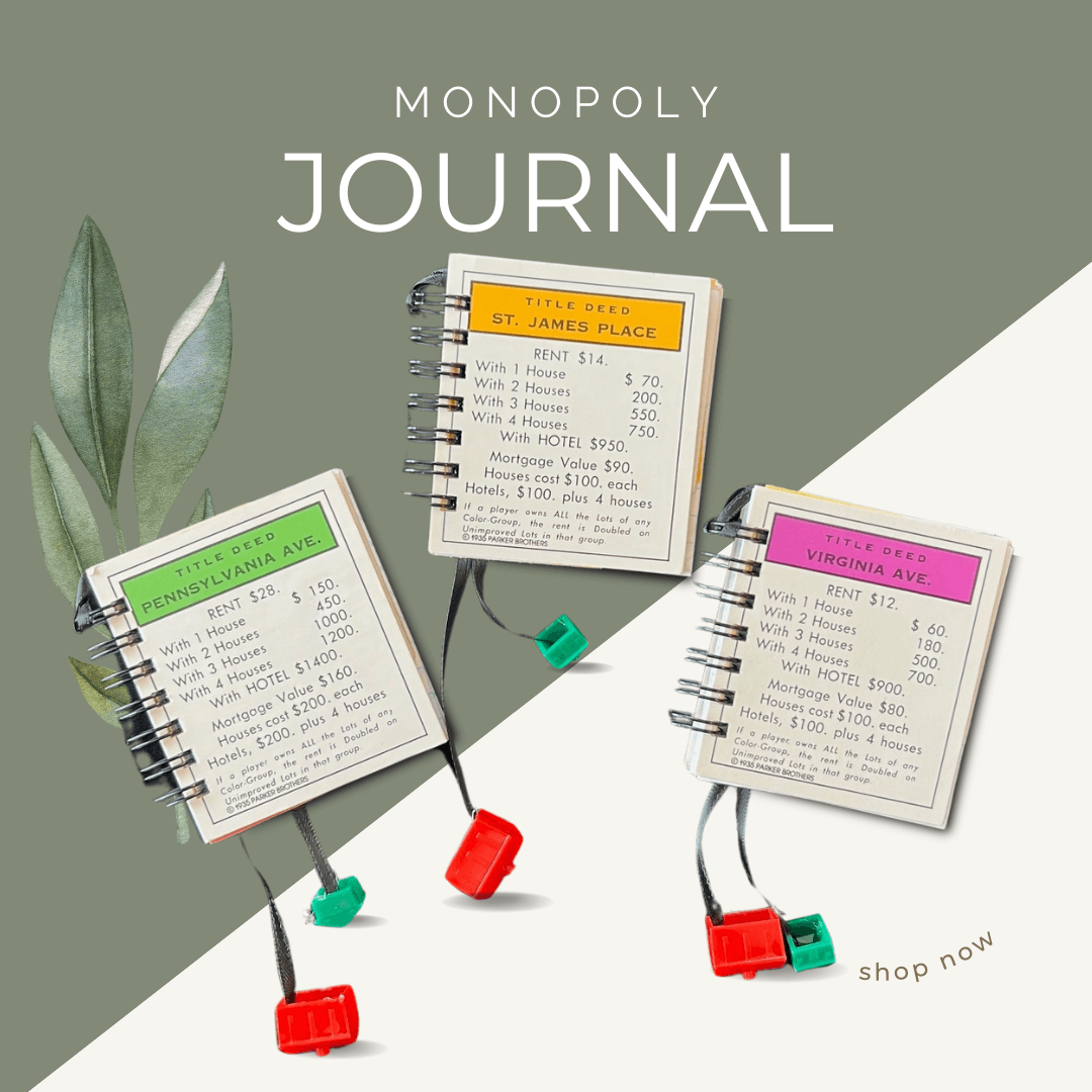 mini journals made from rescued monopoly cards with chance cards, monopoly money, and lined journaling pages inside.  A bookmark with the house and hotel ends completes the special little gem from Bound to Journal