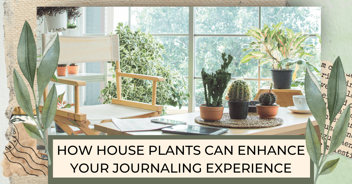 Plants, directors chair, desk, papers, journal all by a huge window with nature outside for post titled How House Plants Can Enhance Your Journaling Experience 